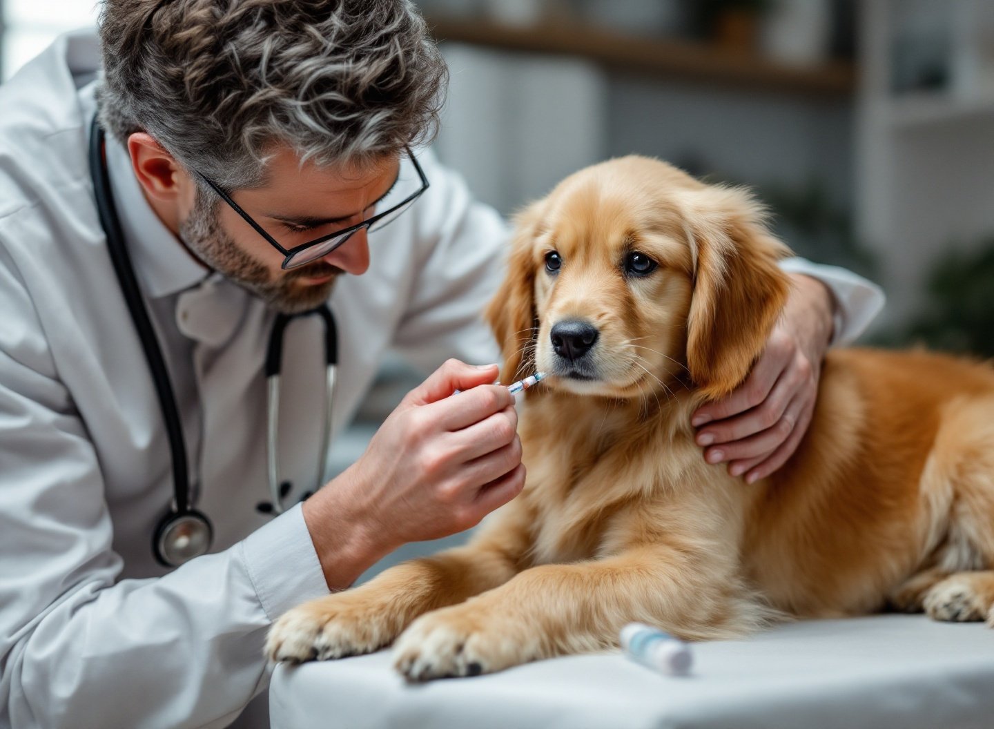 Por que Filhotes Precisam de Mais que Amor: A Rotina Essencial que Poucos Donos Conhecem 4 Vacinação profissional de filhote em clínica veterinária com protocolo correto de imunização