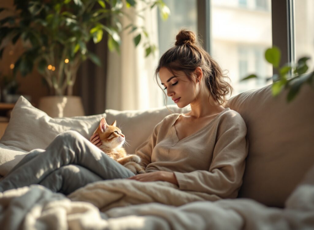 Escolher um gato é mais que aparência: o guia definitivo para encontrar o felino perfeito para seu lar 1 Mulher observando temperamento de gato antes de adotar, conexão entre tutor e felino em ambiente aconchegante