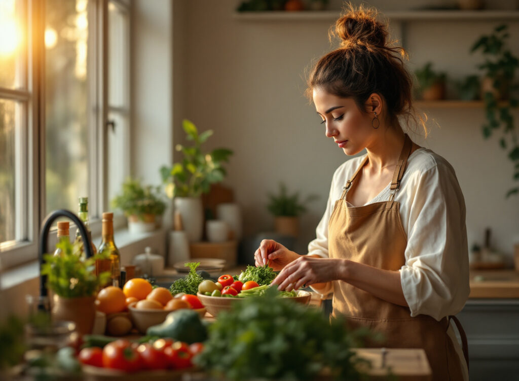 Checklist Definitivo de Alimentação para Pets: Nunca Mais Erre na Nutrição do Seu Companheiro 1 Mulher preparando vegetais seguros para cachorro na cozinha com iluminação natural