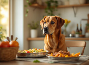 Cão comendo ração de qualidade em ambiente doméstico aconchegante com luz natural