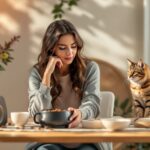 Mulher analisando produtos para gatos recomendados por veterinários, incluindo torre, caixa de areia e brinquedos interativos