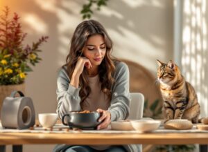 Mulher analisando produtos para gatos recomendados por veterinários, incluindo torre, caixa de areia e brinquedos interativos