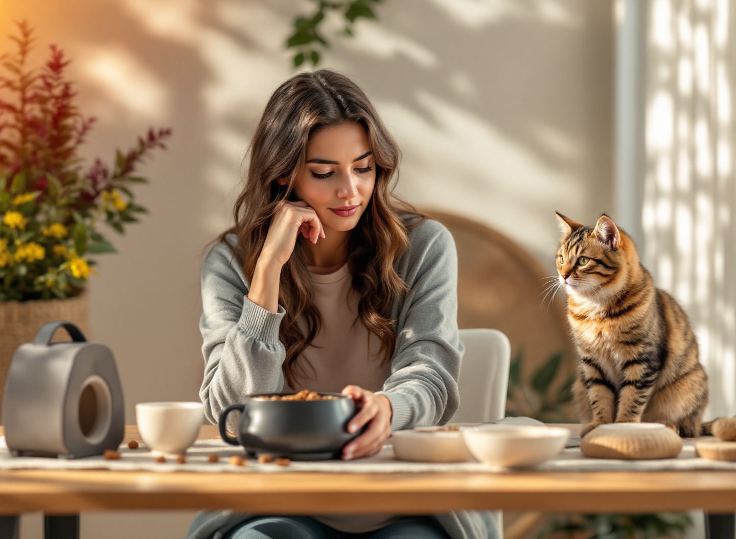 Pare de Gastar Errado: Os Produtos para Gatos que Veterinários Realmente Recomendam 2 Mulher analisando produtos para gatos recomendados por veterinários, incluindo torre, caixa de areia e brinquedos interativos