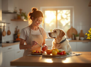 mulher oferecendo alimento seguro para cachorro em cozinha aconchegante, alimentação saudável para pets