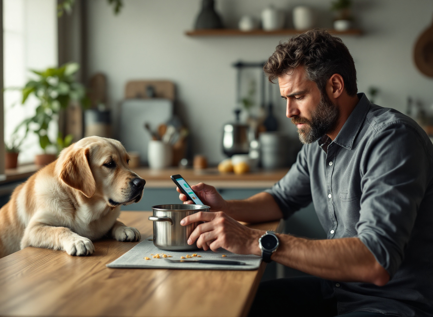 O erro que 9 em cada 10 donos cometem ao alimentar filhotes e como corrigir a partir de agora 2 Dono de filhote consultando informações sobre ração para cachorro filhote enquanto observa o animal comendo