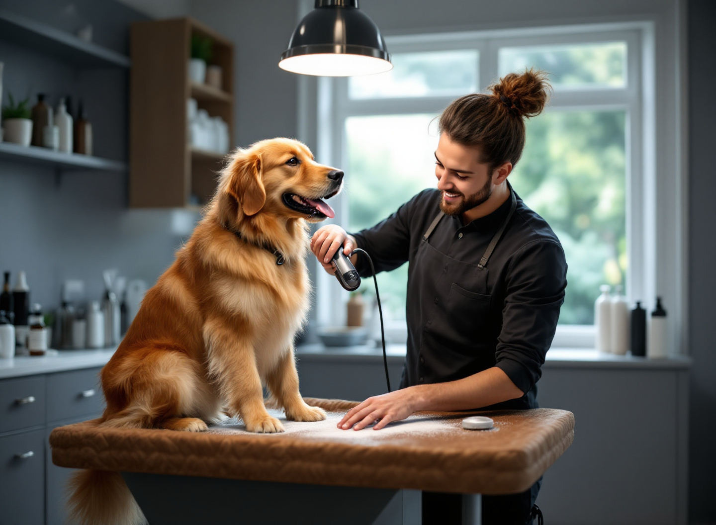 Frequência de banho e tosa: o intervalo correto que veterinários recomendam para cada raça de cão 2 Groomer profissional realizando tosa em Golden Retriever em salão moderno de banho e tosa