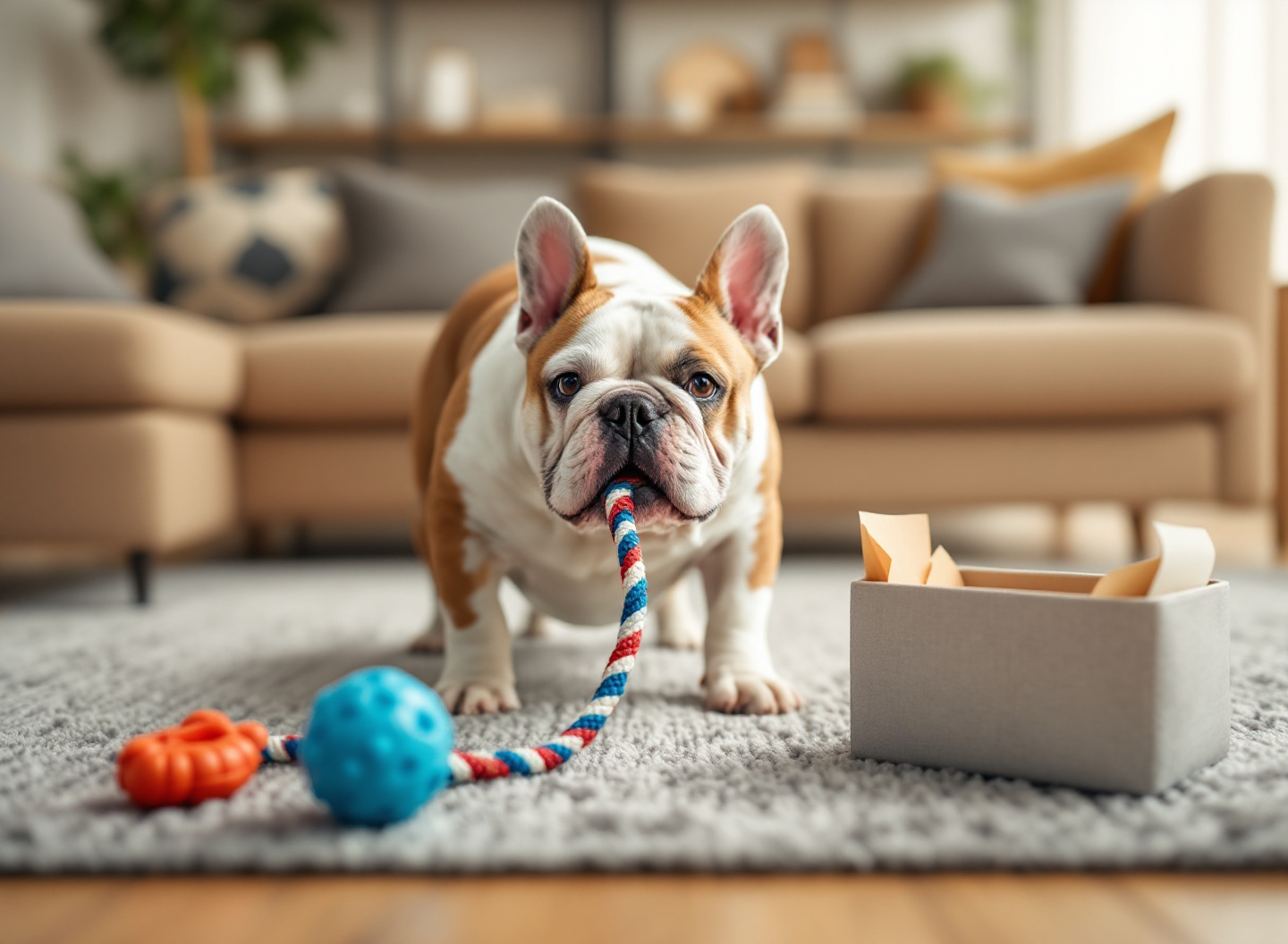 Seu cachorro está entediado? Descubra as 25 coisas que transformam a rotina do seu pet em casa 3 Cachorro Bulldog Francês brincando com múltiplos brinquedos e acessórios em sala de estar moderna