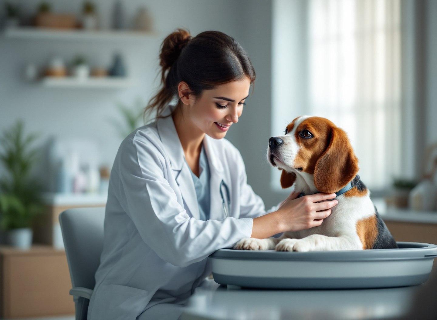 Seu cachorro está comendo demais ou de menos? Descubra a quantidade exata de ração conforme peso e idade 4 Veterinária realizando teste das costelas em cão para avaliar peso ideal e quantidade correta de ração