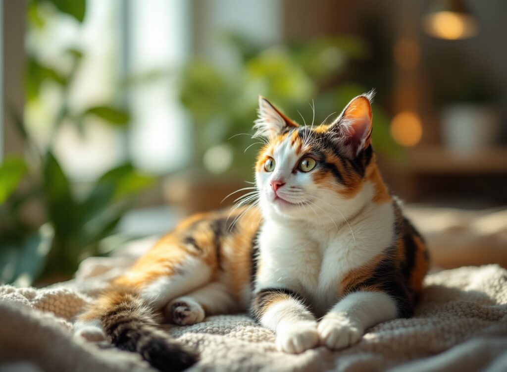 Seu gato está realmente feliz? Os 7 sinais que todo dono deveria conhecer agora 1 Gato calico feliz e relaxado em ambiente aconchegante, representando bem-estar e felicidade felina