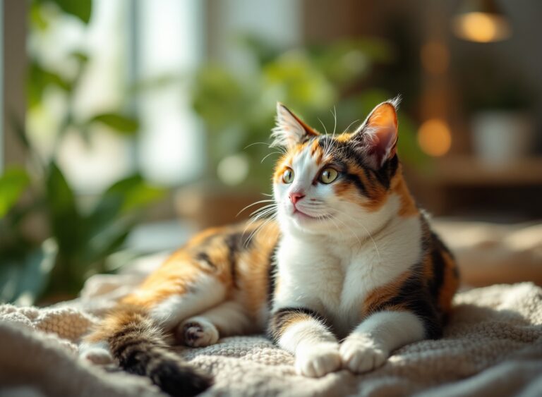 Gato calico feliz e relaxado em ambiente aconchegante, representando bem-estar e felicidade felina