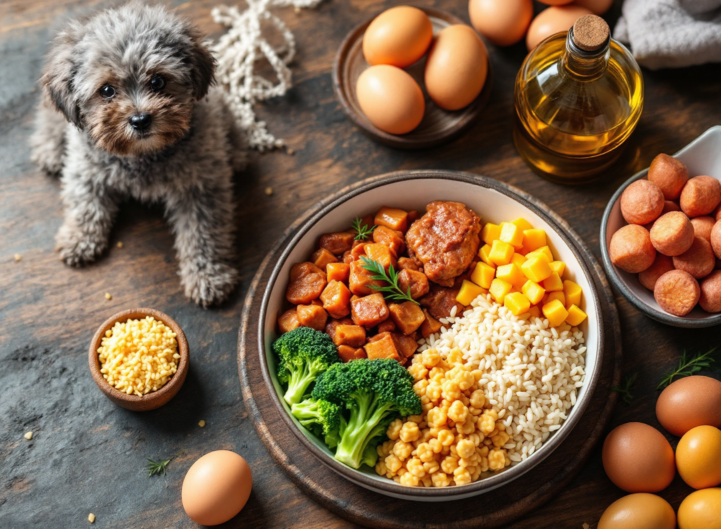 preparação de refeição natural balanceada para cão com ingredientes frescos e supervisionados