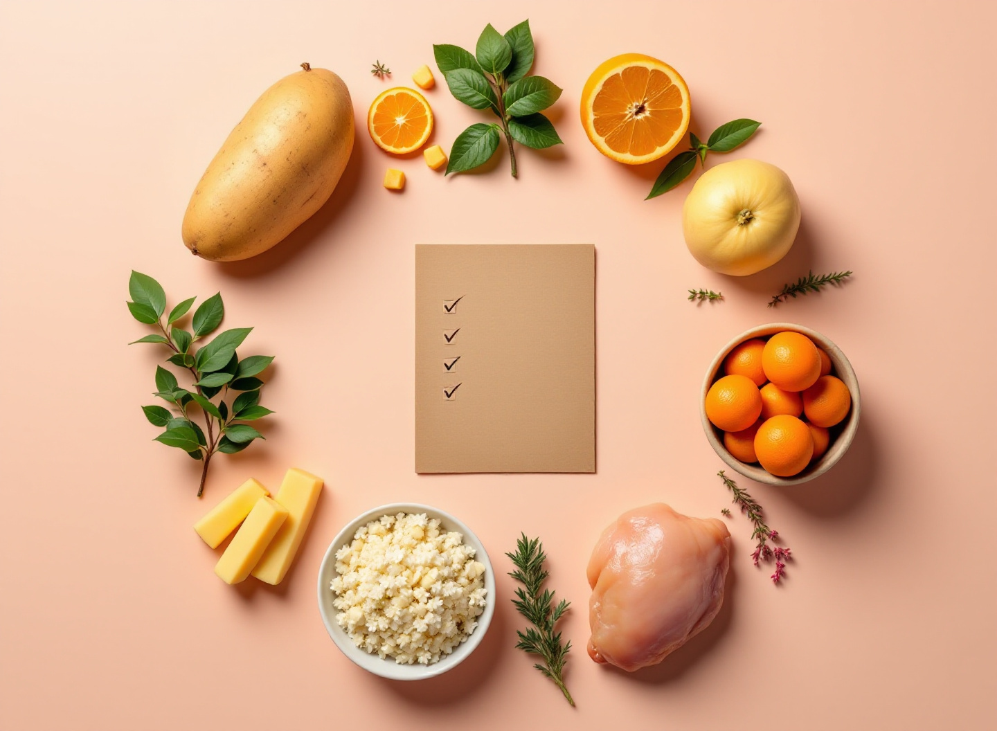 Checklist Definitivo de Alimentação para Pets: Nunca Mais Erre na Nutrição do Seu Companheiro 3 Ingredientes seguros para alimentação de cachorro dispostos em flat-lay com checklist visual