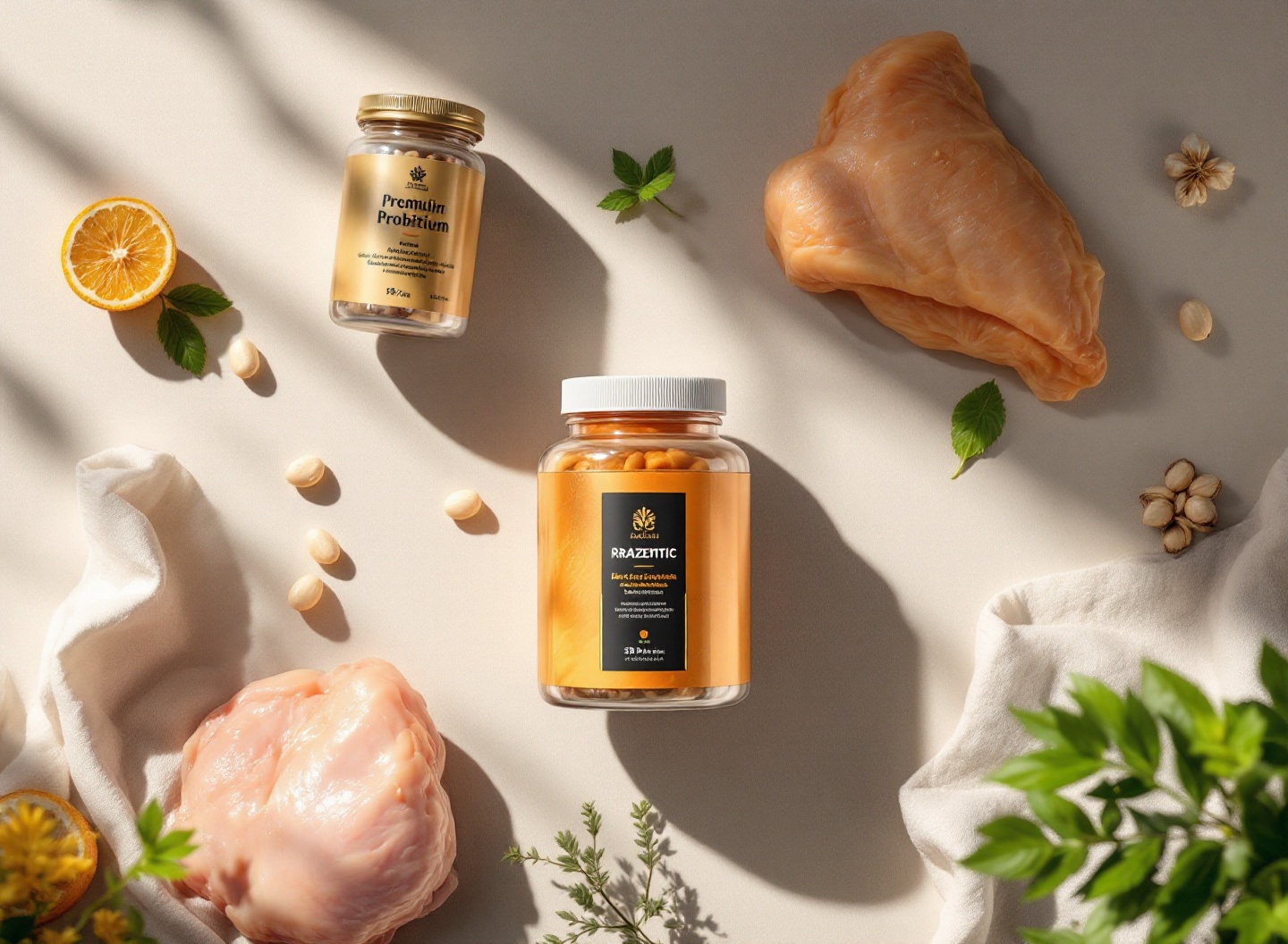 A Nova Geração de Produtos para Gatos: Como Escolher o que Realmente Funciona 3 Composição flat-lay de ingredientes premium para gatos e análise nutricional de ração felina de qualidade