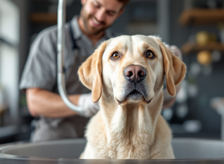 Cão com pelagem brilhante após banho profissional em salão moderno com groomer ao fundo