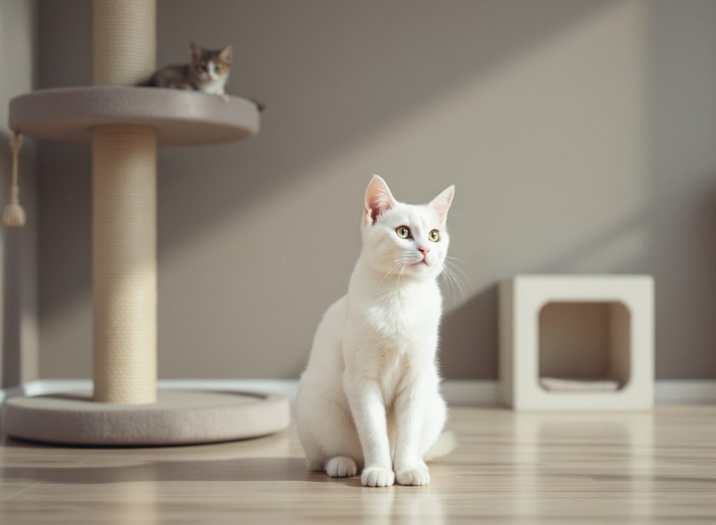 Gato em ambiente enriquecido com acessórios felinos, mostrando bem-estar e transformação do espaço para gatos