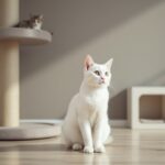 Gato em ambiente enriquecido com acessórios felinos, mostrando bem-estar e transformação do espaço para gatos