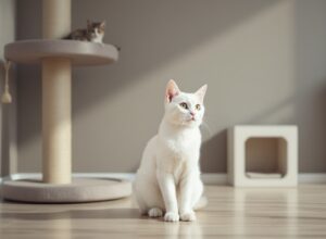 Gato em ambiente enriquecido com acessórios felinos, mostrando bem-estar e transformação do espaço para gatos