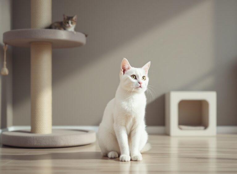 Gato em ambiente enriquecido com acessórios felinos, mostrando bem-estar e transformação do espaço para gatos