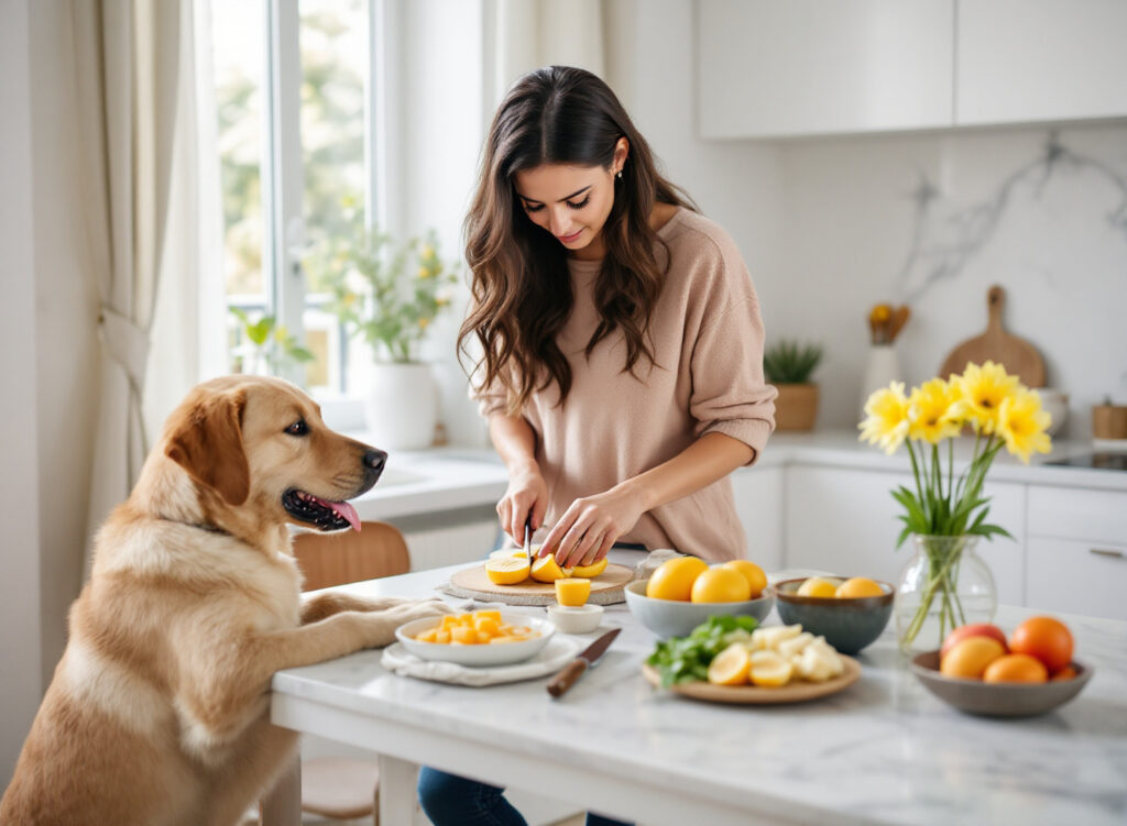 Seu cachorro pode comer maçã, banana e melancia? Descubra quais frutas realmente são seguras e como oferecer 1 Mulher preparando frutas seguras para cachorro com conhecimento e cuidado em cozinha moderna iluminada naturalmente