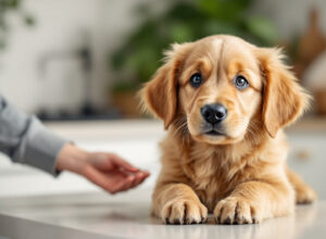 Filhote de cachorro com tigela de ração em cozinha moderna, representando alimentação correta e saudável para filhotes