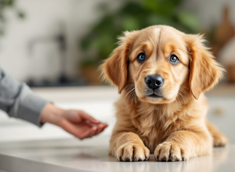 Filhote de cachorro com tigela de ração em cozinha moderna, representando alimentação correta e saudável para filhotes