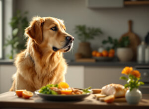 cachorro saudável com pelagem brilhante ao lado de tigela de alimentação adequada - imagem de capa para artigo sobre sinais de alimentação inadequada em pets