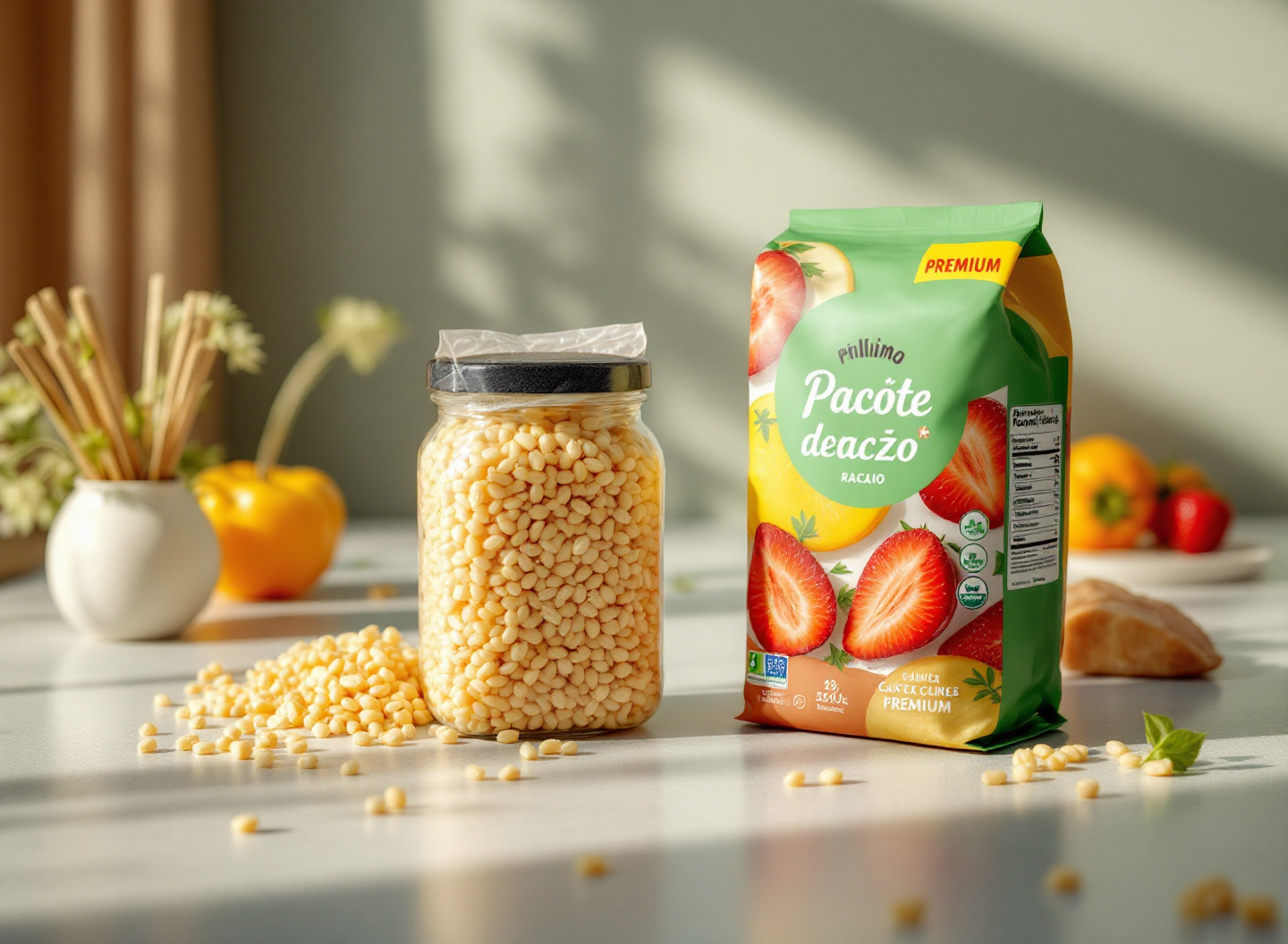 Comparação visual entre ração comum e premium para cães, mostrando diferenças de embalagem e ingredientes.