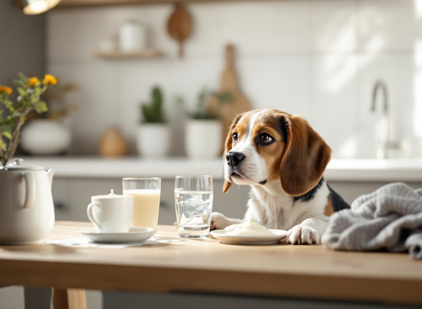 Por que Dar Leite ao Seu Cachorro Pode Virar um Problema Digestivo (e Alternativas que Funcionam) 3 comparação visual de leite integral, água e iogurte grego em tigelas com filhote observando opções de bebida