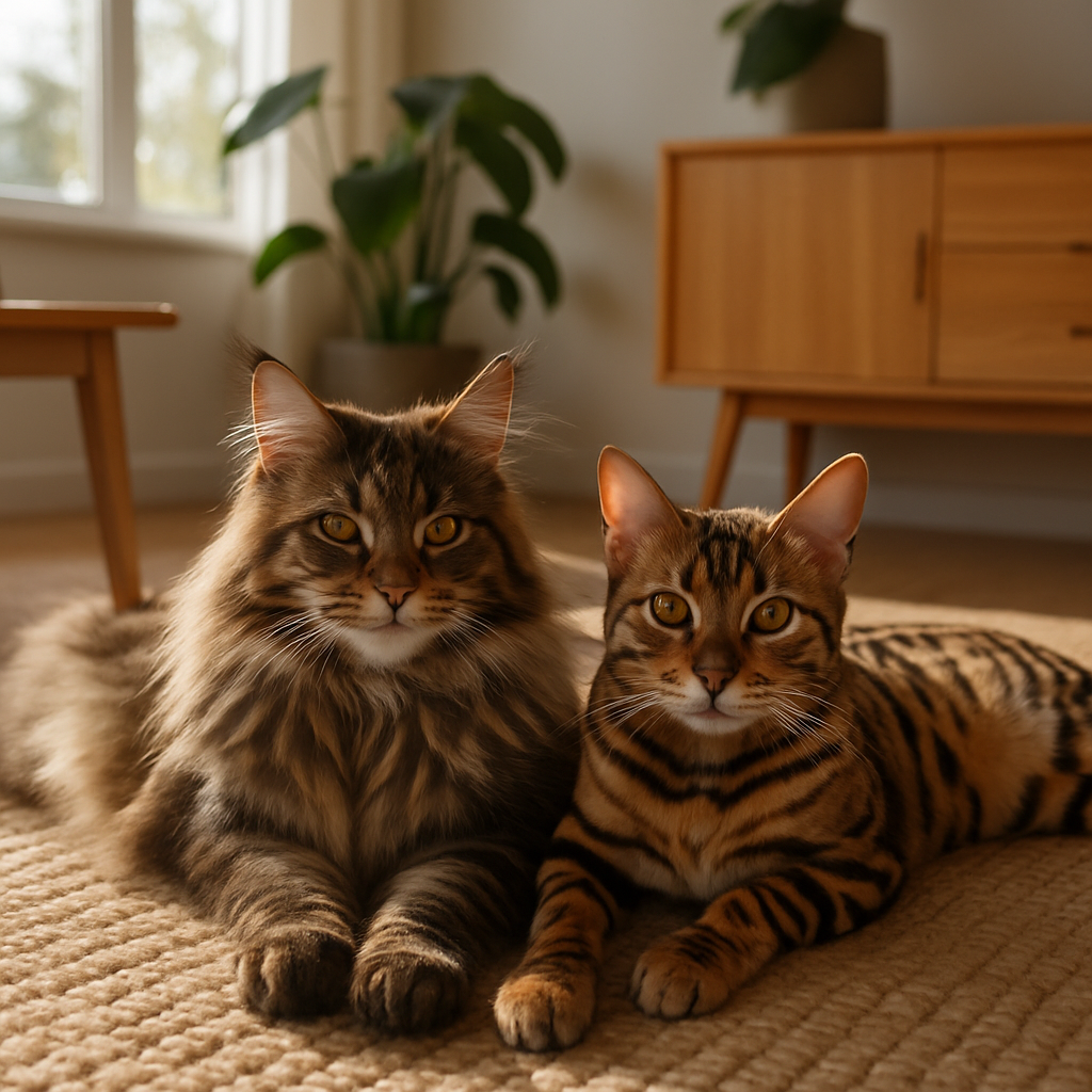 Desvendando o Mistério: Por Que os Gatos Realmente Ronronam 4 Gatos de raças diferentes em ambiente moderno