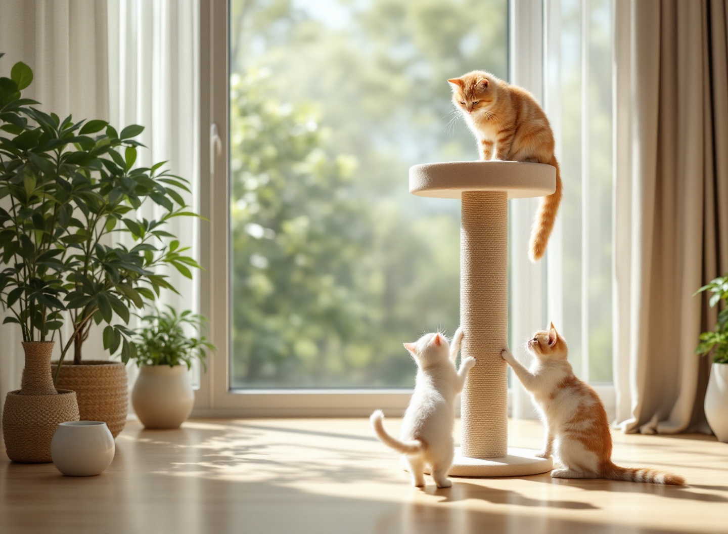 Gatos brincando em torre para gatos, demonstrando atividade física e enriquecimento ambiental para felinos