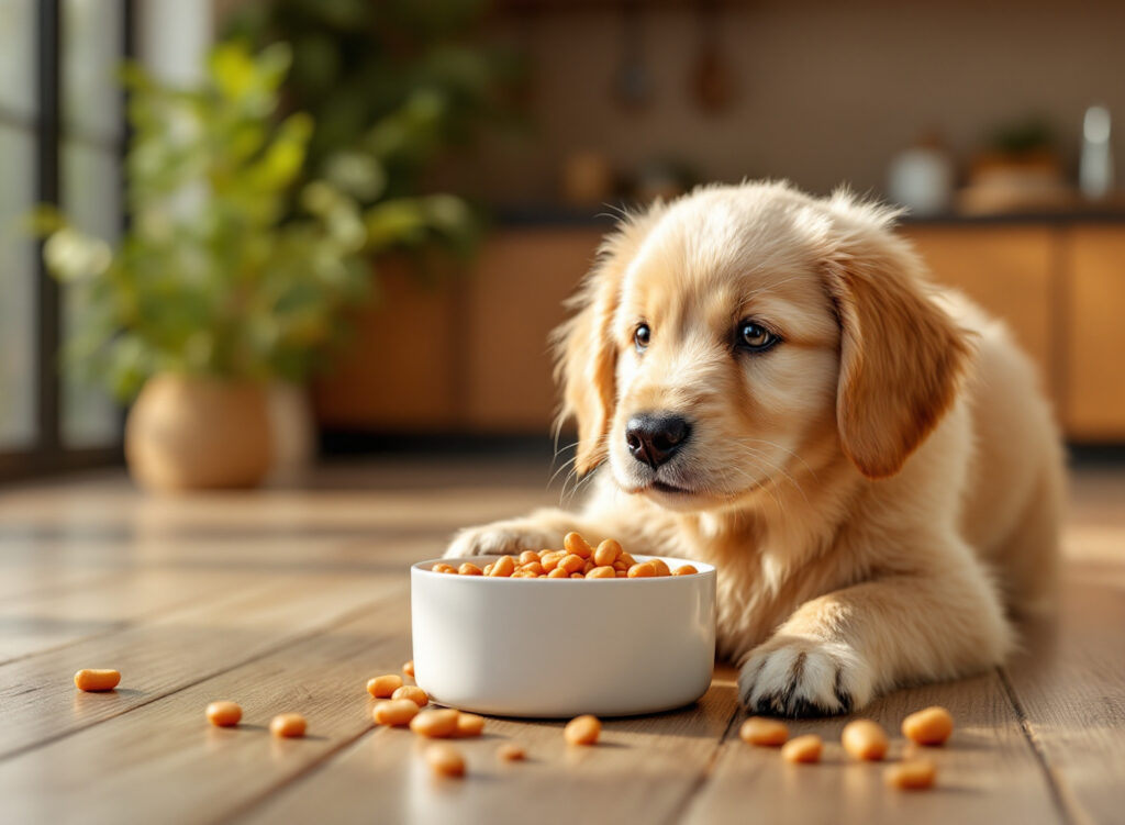 Seu Cão Merece Mais: Como a Escolha Certa de Comida Transforma a Saúde e Energia do seu Cachorro 1 Filhote comendo comida de cachorro nutritiva em ambiente aconchegante de cozinha com luz natural
