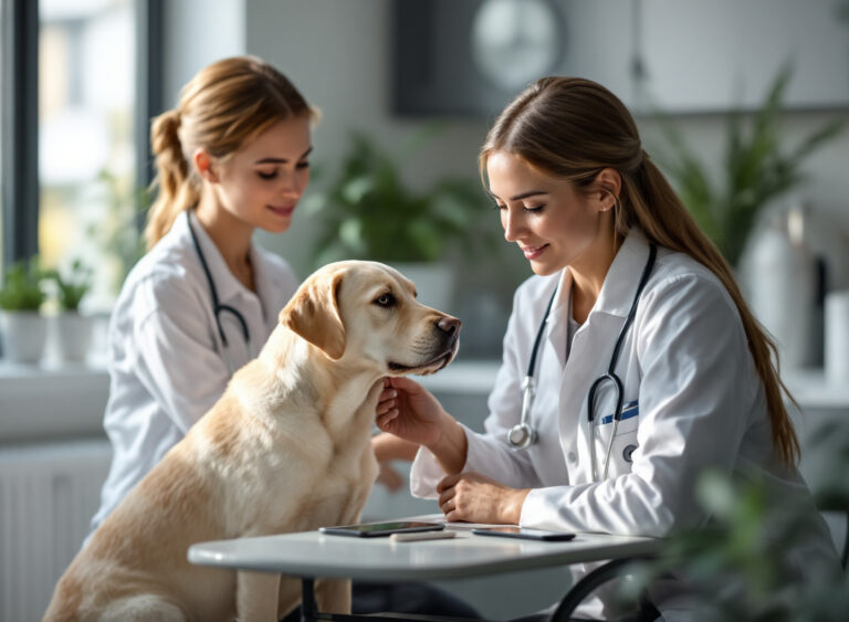 filhote sendo examinado por veterinária durante consulta de prevenção de parvovirose canina