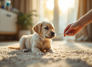 Filhote de labrador brincando em casa durante administração de cuidados de saúde, representando vermifugação em filhotes