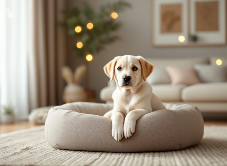 Filhote de cachorro recém-chegado em casa descansando em cama confortável com ambiente seguro e preparado