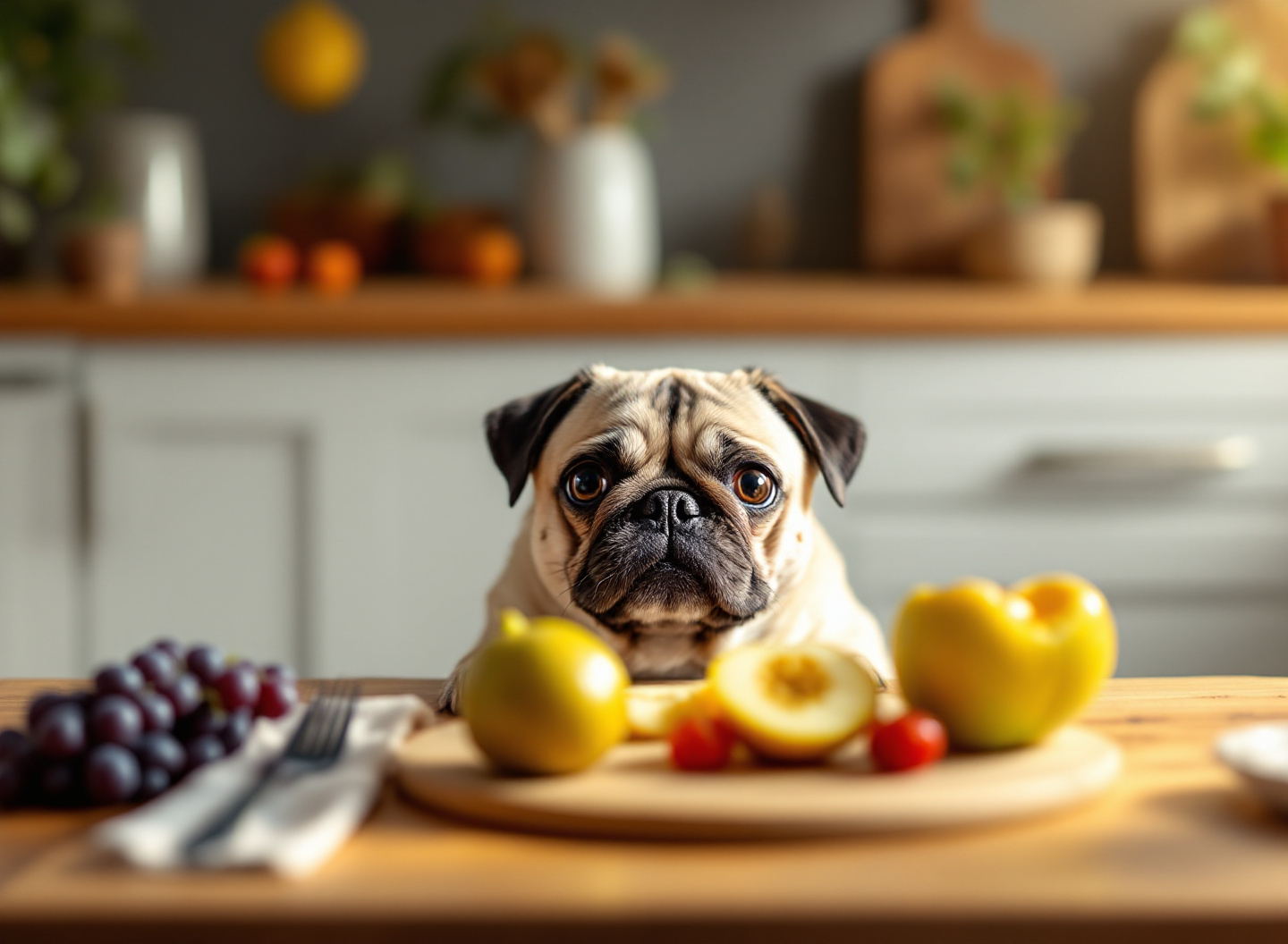 Seu pet pode comer frutas? O guia definitivo de frutas seguras que veterinários recomendam 3 cão pequeno olhando para frutas proibidas uva abacate cereja em mesa de madeira escura