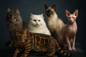 Cinco raças de gatos diferentes comparadas lado a lado mostrando características únicas de cada uma para escolha consciente