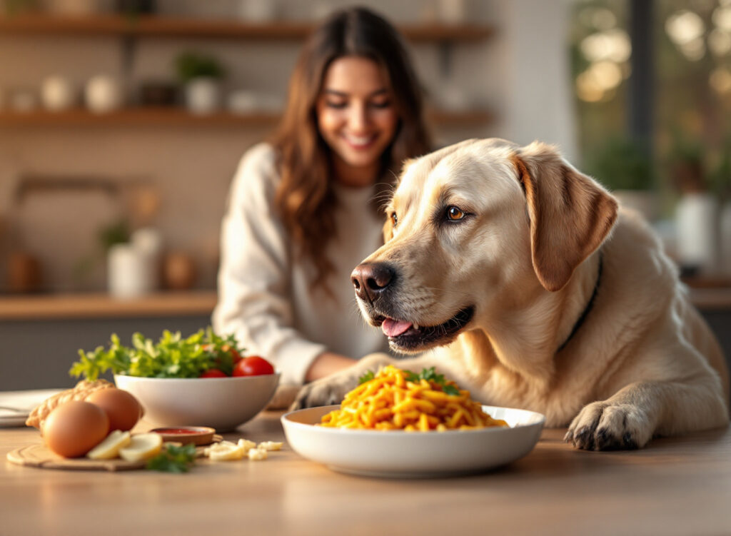 Alimentação Natural para Cães: Como Transformar a Saúde do Seu Pet com Comida de Verdade 1 cão saudável comendo comida natural para cães em ambiente aconchegante