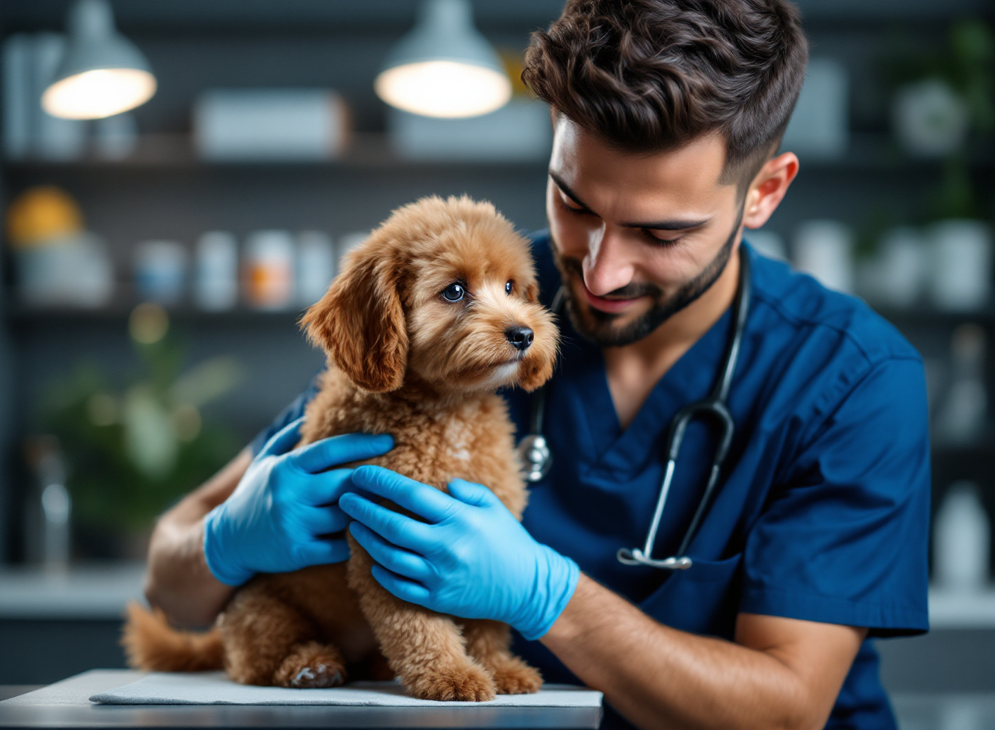 veterinário examinando filhote de cachorro durante consulta de vacinação nos primeiros meses de vida