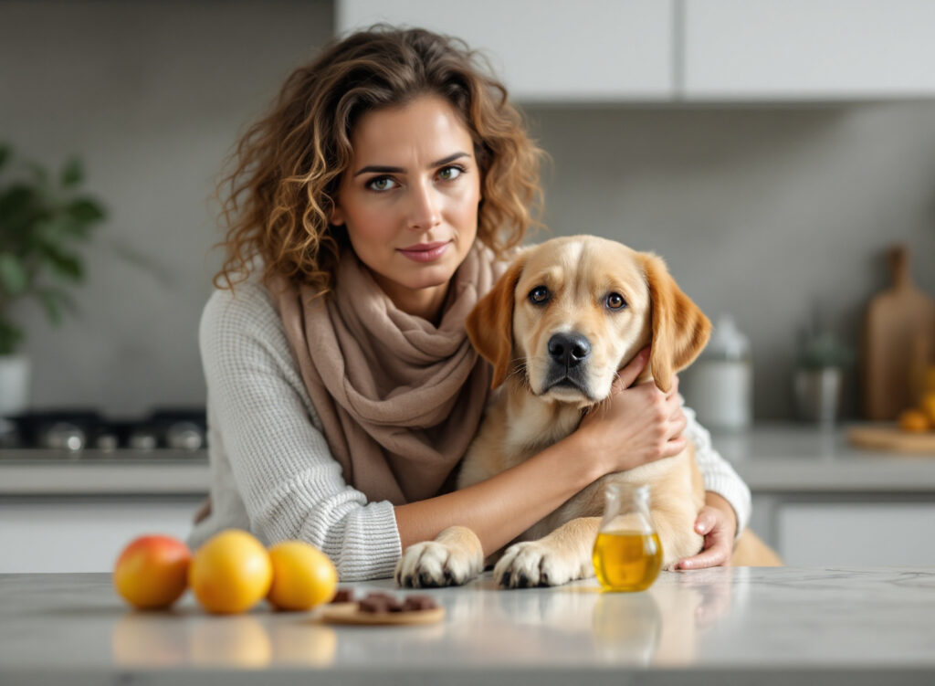 Proprietária segurando filhote com alimentos tóxicos para cães ao fundo, representando cuidados com alimentação segura para cachorro
