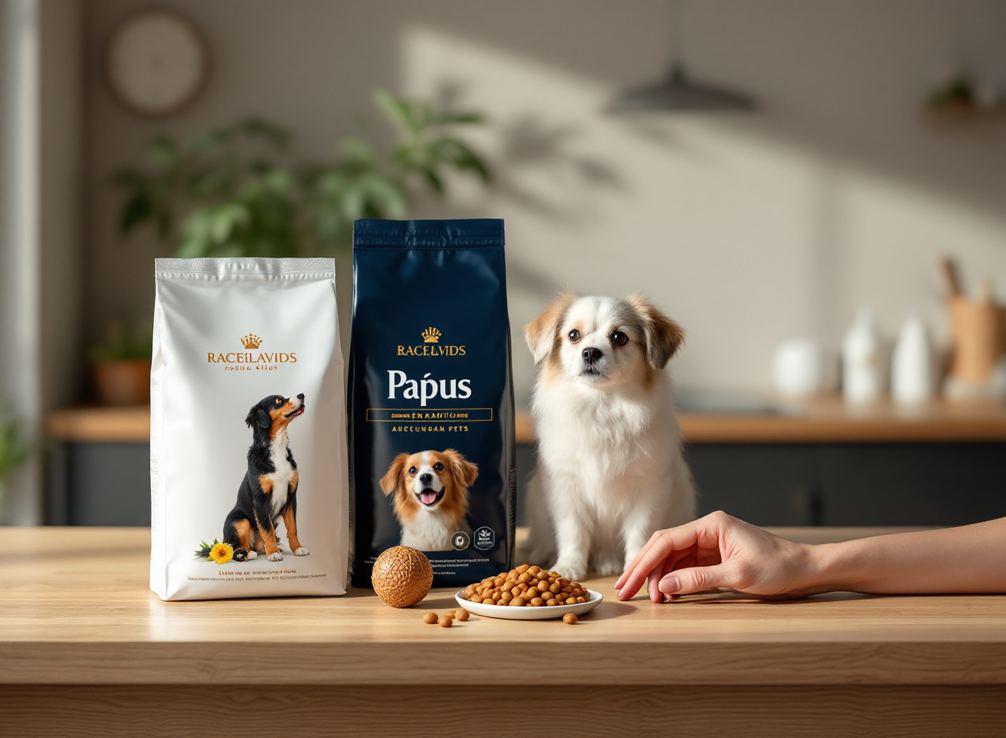 Comparação de embalagens de ração para cão mostrando leitura de rótulo com lupa