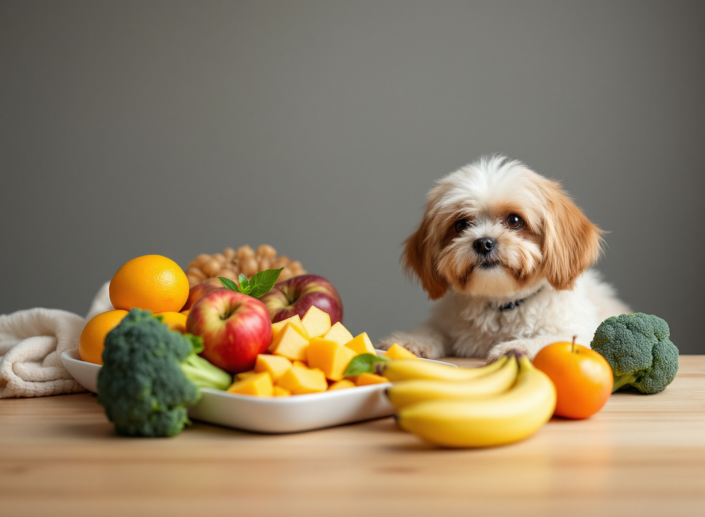 Frutas e legumes seguros para cachorro (cenoura, melancia, maçã) com filhote observando, guia visual de alimentação canina segura