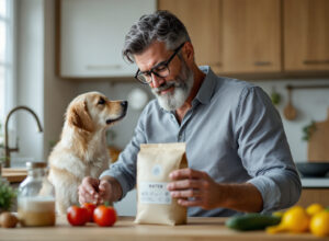 Tutor analisando rótulo de ração premium para cachorro em cozinha moderna com iluminação natural