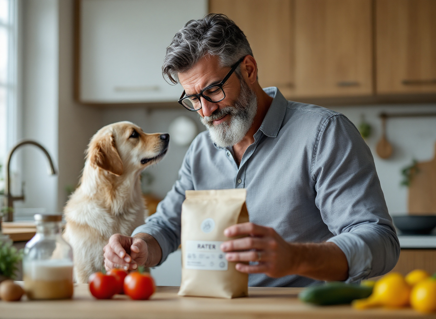 Tutor analisando rótulo de ração premium para cachorro em cozinha moderna com iluminação natural