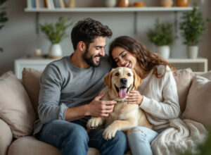 casal jovem com filhote de cachorro em casa durante os primeiros meses, momento de bonding e aprendizado