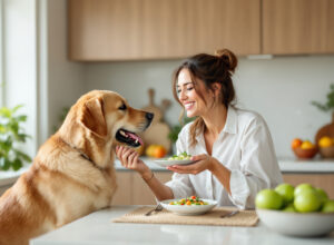 Mulher oferecendo maçã segura para cachorro em cozinha aconchegante com luz natural