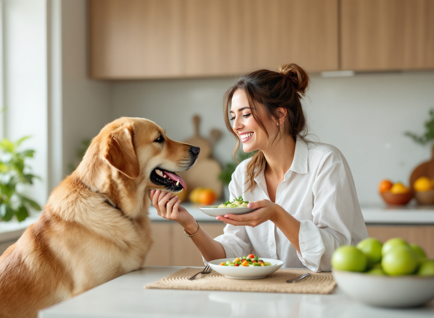 Seu Cachorro Pode Comer Maçã — Mas Existe Um Detalhe Crucial Que Muda Tudo 2 Mulher oferecendo maçã segura para cachorro em cozinha aconchegante com luz natural