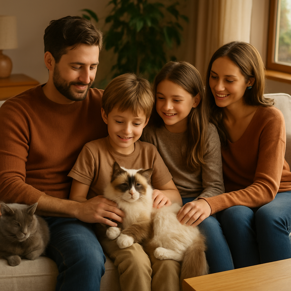 Qual é a Raça de Gato Ideal para Você? O Guia Moderno que Revela as Diferenças Reais 4 Família feliz em casa com gatos escolhidos conscientemente mostrando compatibilidade de raça com estilo de vida