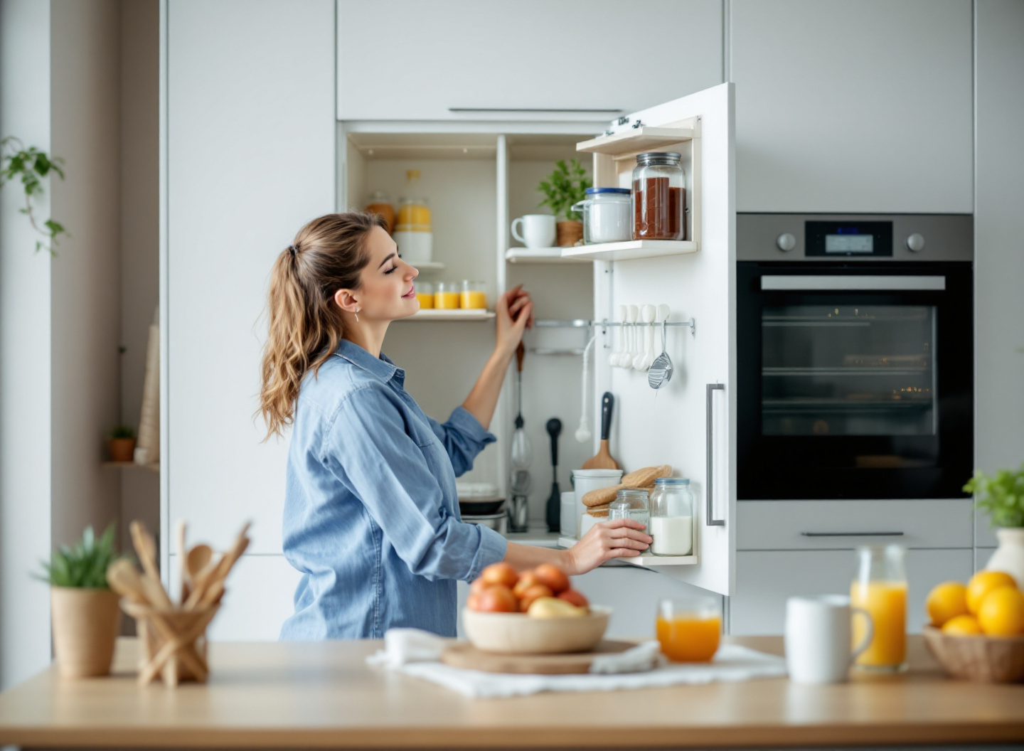 Armazenamento seguro de alimentos tóxicos em armários fechados, filhote observando alimentos permitidos, prevenção de intoxicação em cães