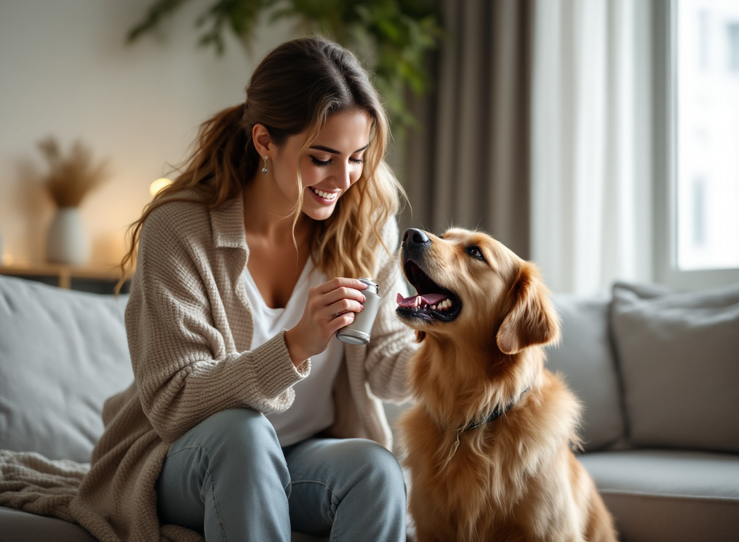 Seu pet parou de comer? Descubra as 5 causas reais e como resolver em casa agora mesmo 3 Proprietária inspecionando dentes de cachorro dourado em sala aconchegante