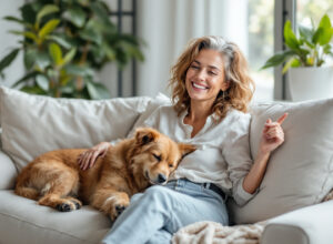 mulher adotante feliz com cachorro adulto descansando juntos em sala aconchegante, representando sucesso na adoção responsável